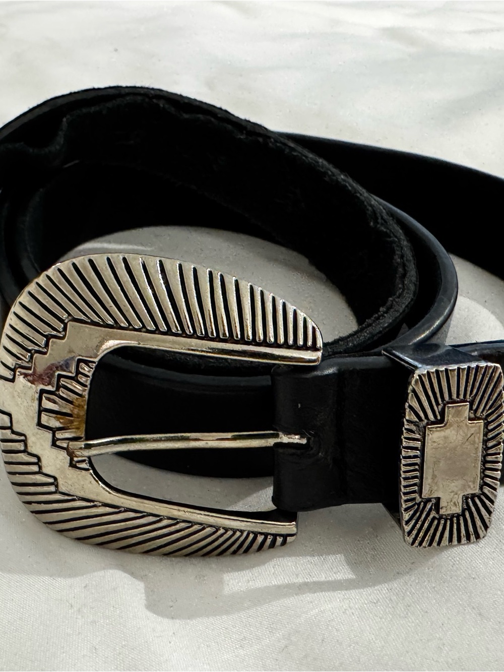 Barena Black Leather Western-Style Belt with Silver-Tone Buckle